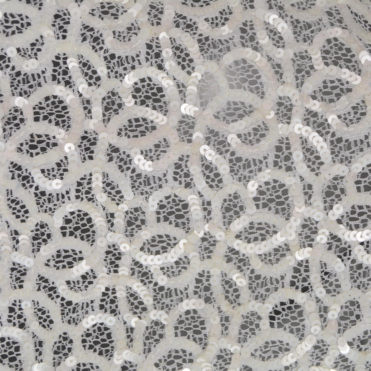 White Embroidered Lace with Cream Sequins Sheer Mesh 43 Inch Usable | By the Yard