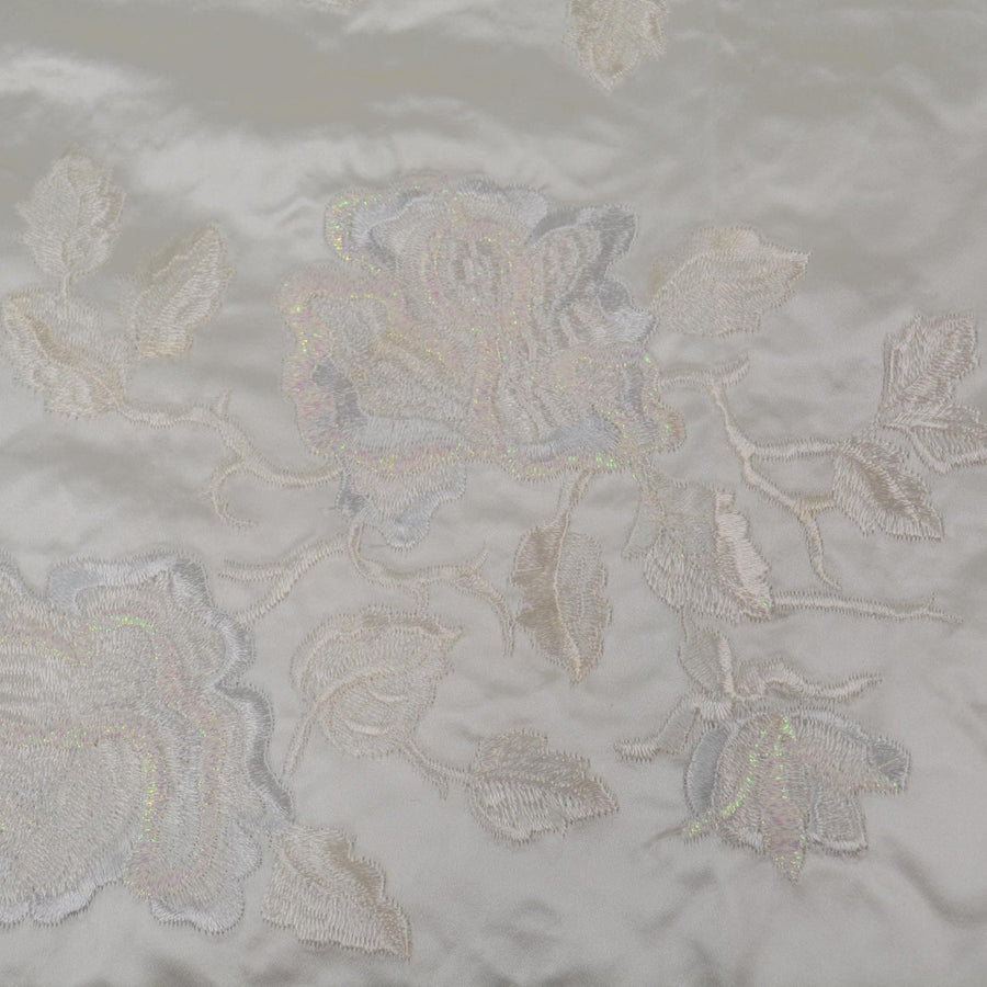 100% Silk European Duchess Satin | Heavyweight Custom Made Embroidered Cream Floral 52" Wide | By the Yard