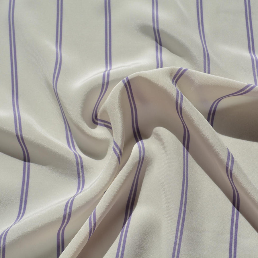 100% Silk Crepe de Chine Print White and purple Striped 56" Wide Luxury Fabric Sewing | By the Yard