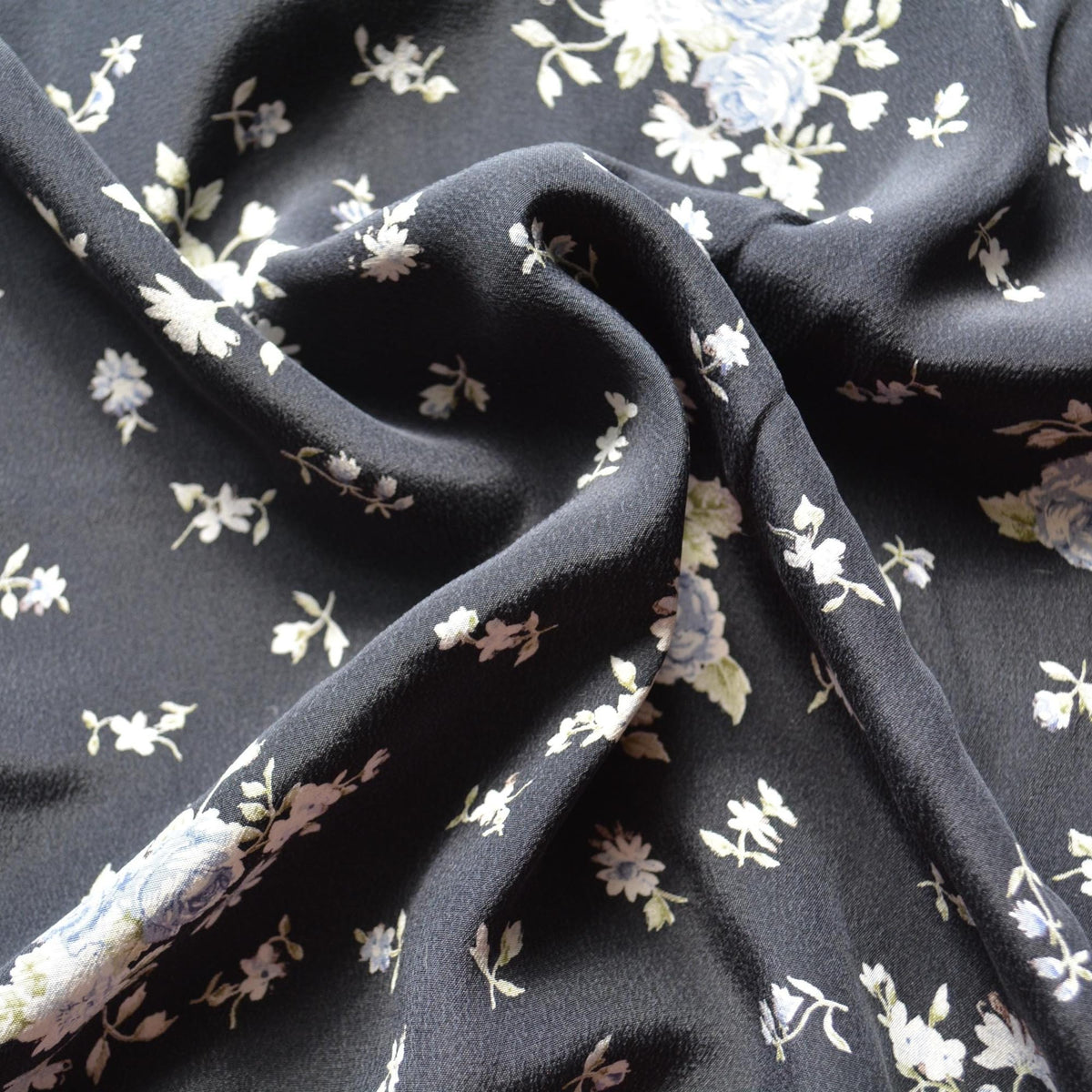 French 100% Silk Crepe de Chine Print Black and blue Floral print 54" Wide Luxury Fabric Sewing | By the Yard