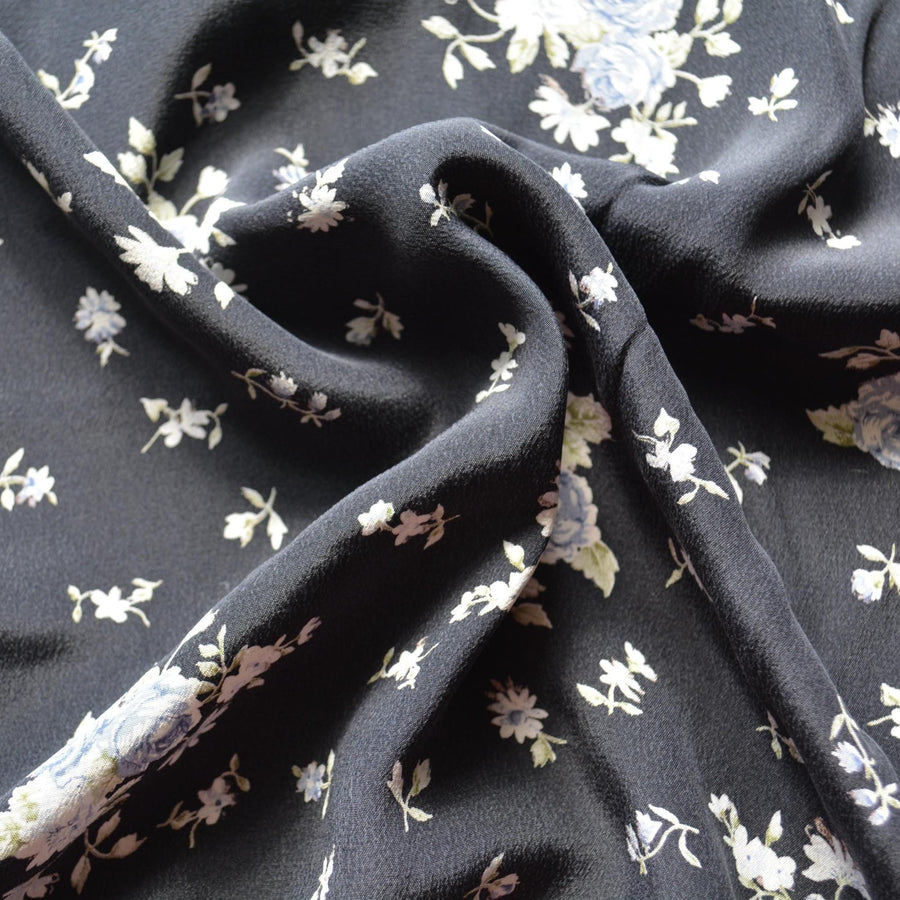 French 100% Silk Crepe de Chine Print Black and blue Floral print 54" Wide Luxury Fabric Sewing | By the Yard
