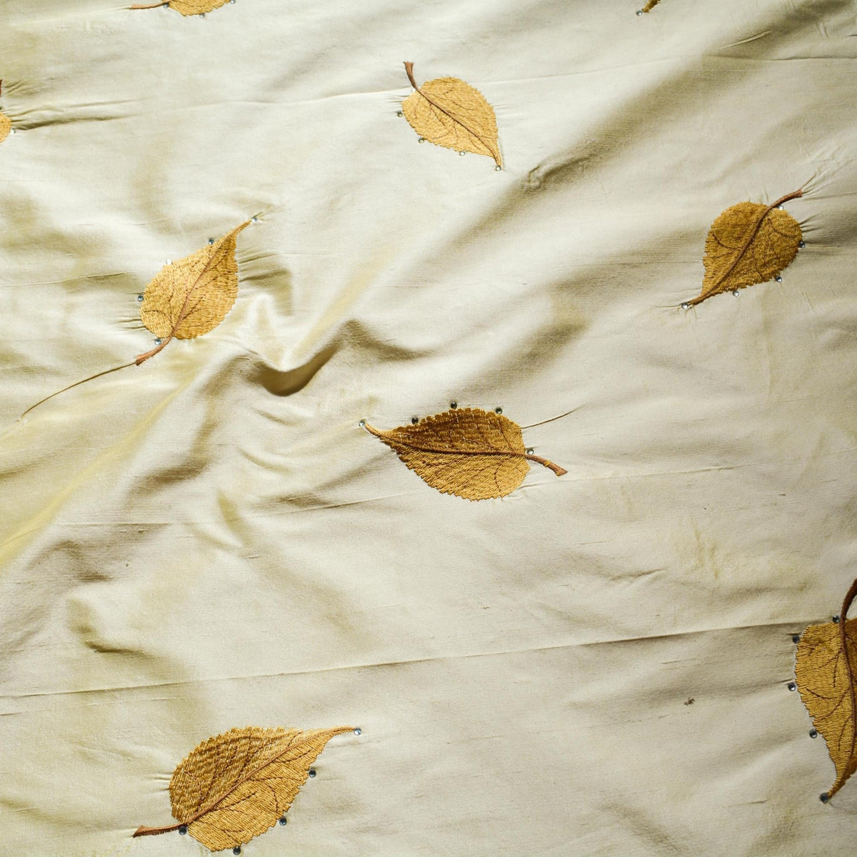 100% Silk Embroidered Dupioni Gold and white Two-tone leaves 55" Wide Luxury Fabric Sewing | By the Yard