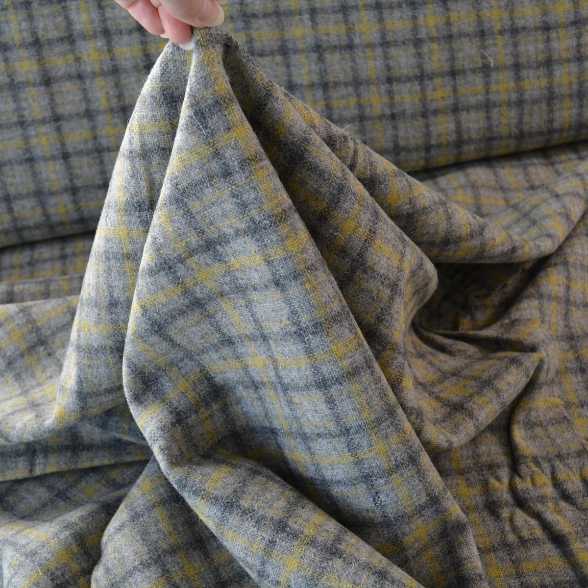 Heavyweight Gray Tartan Wool Fabric with Dark Gray Yellow Stripes 58 Inch Wide | By the Yard
