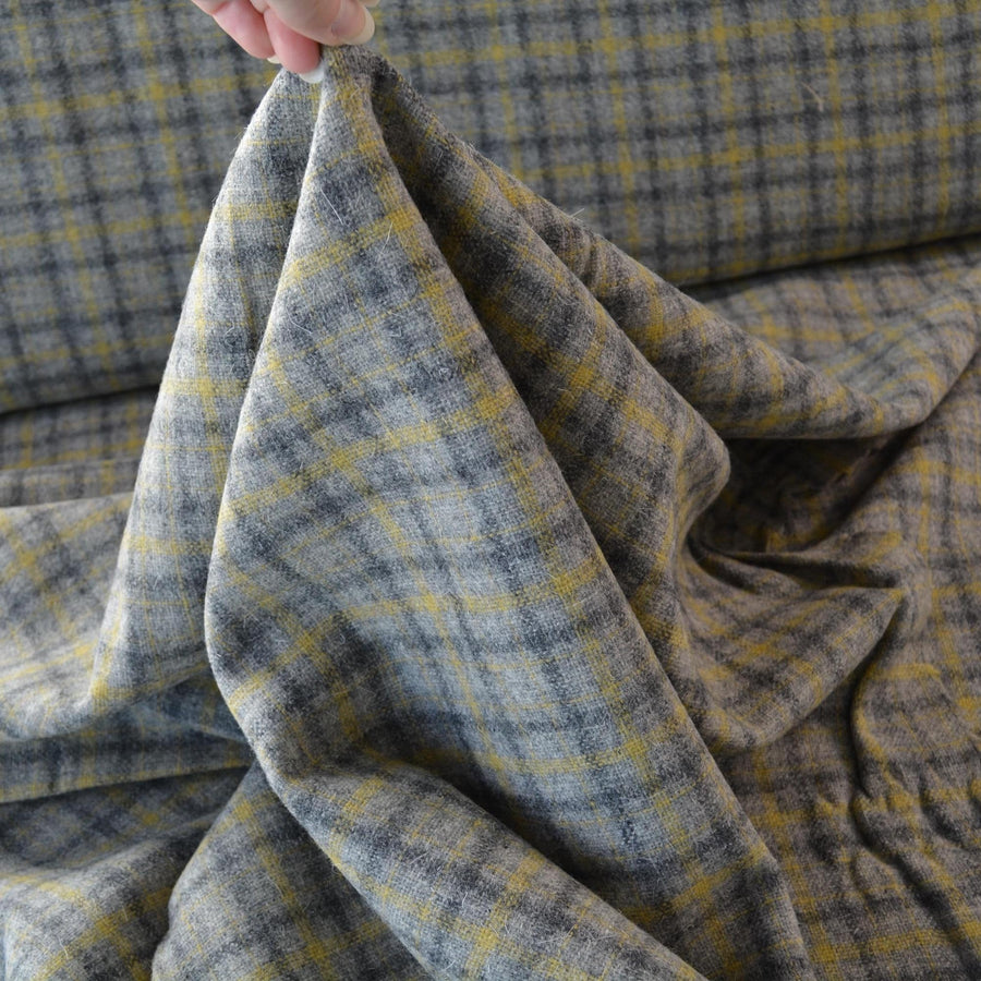 Heavyweight Gray Tartan Wool Fabric with Dark Gray Yellow Stripes 58 Inch Wide | By the Yard