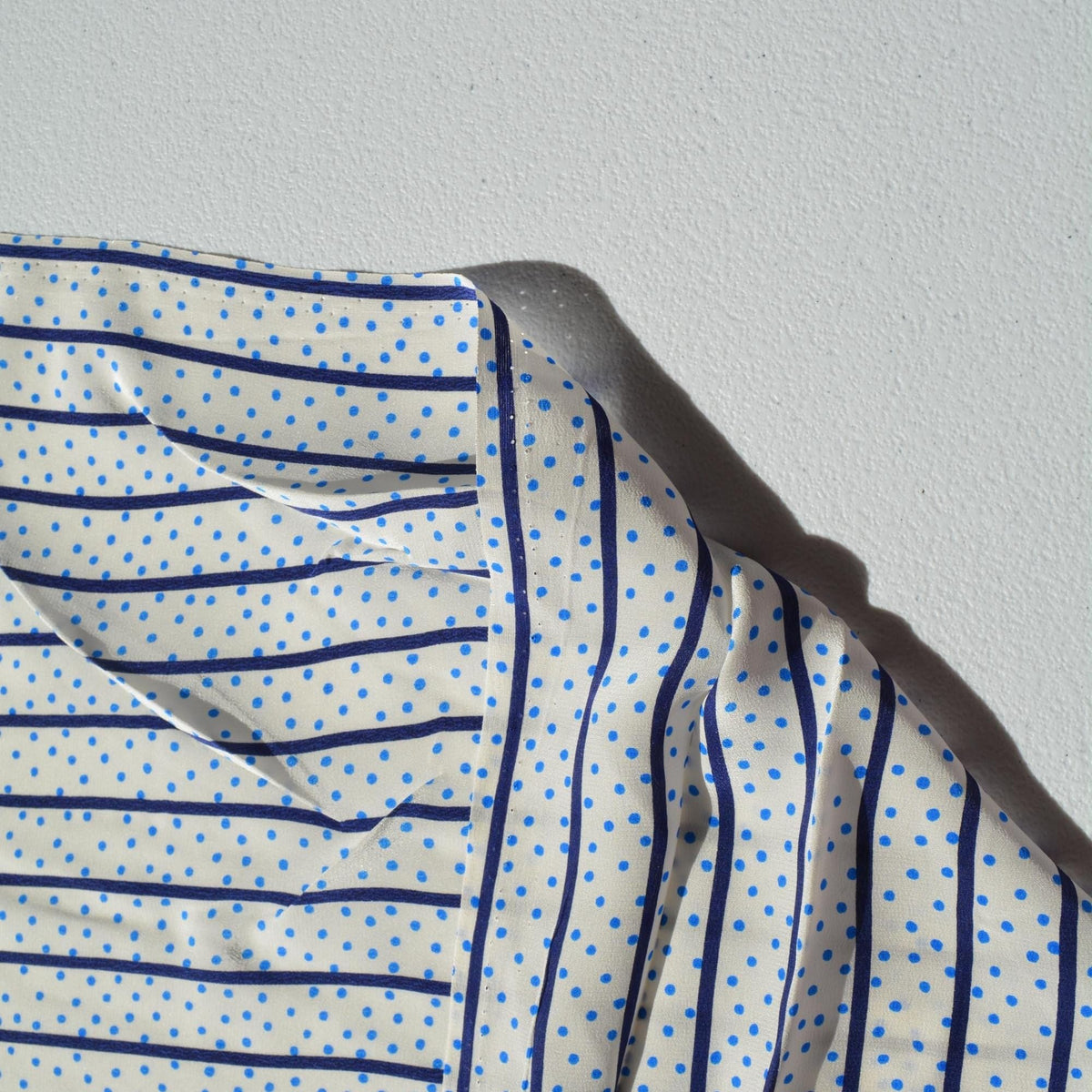 100% Silk Crepe de Chine Print White and navy Striped with dots 57" Wide Luxury Fabric Sewing | By the Yard