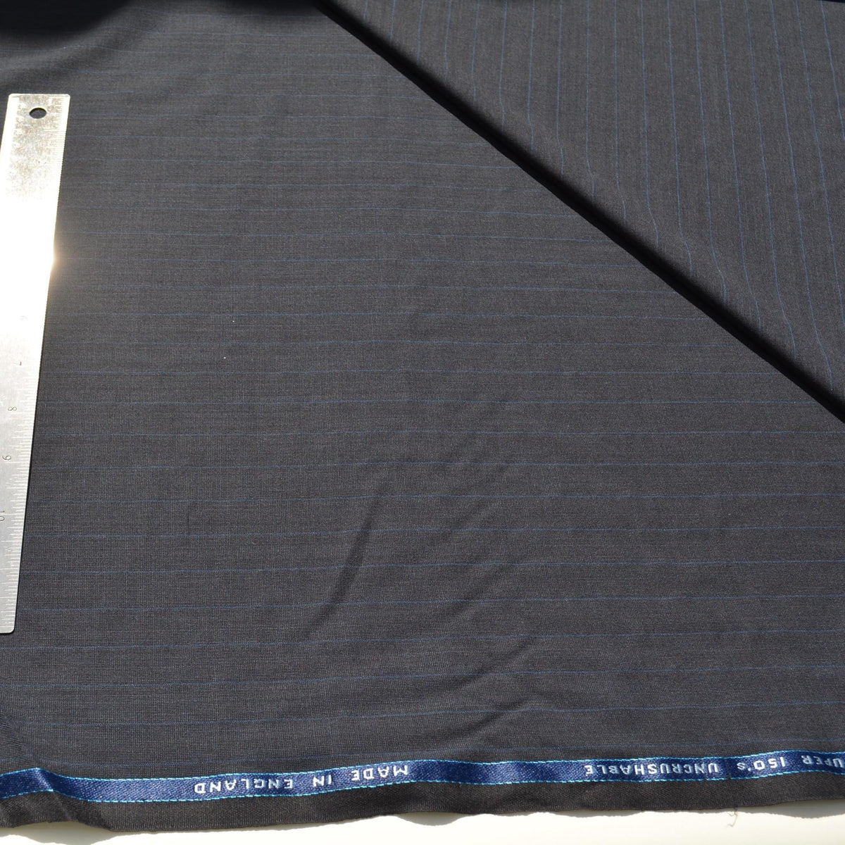 British Super 150s Wool Suiting | Gray with Blue Stripes | Made in England Classic Tailoring Fabric | By the Yard