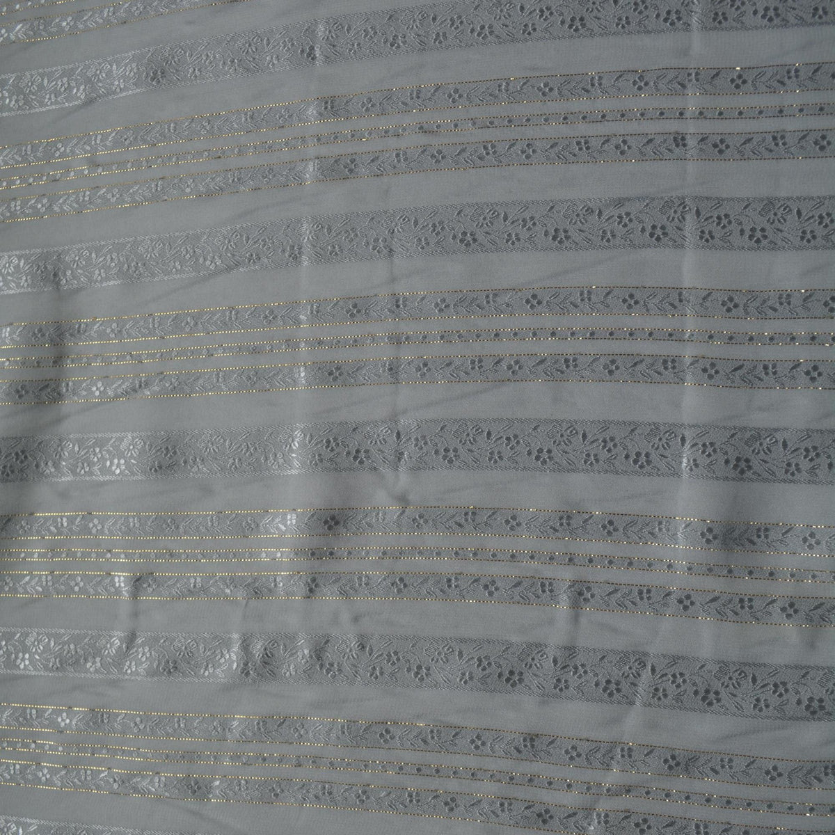 Sheer Gray Silk Fabric with Gold Threads Floral Design | By the Yard