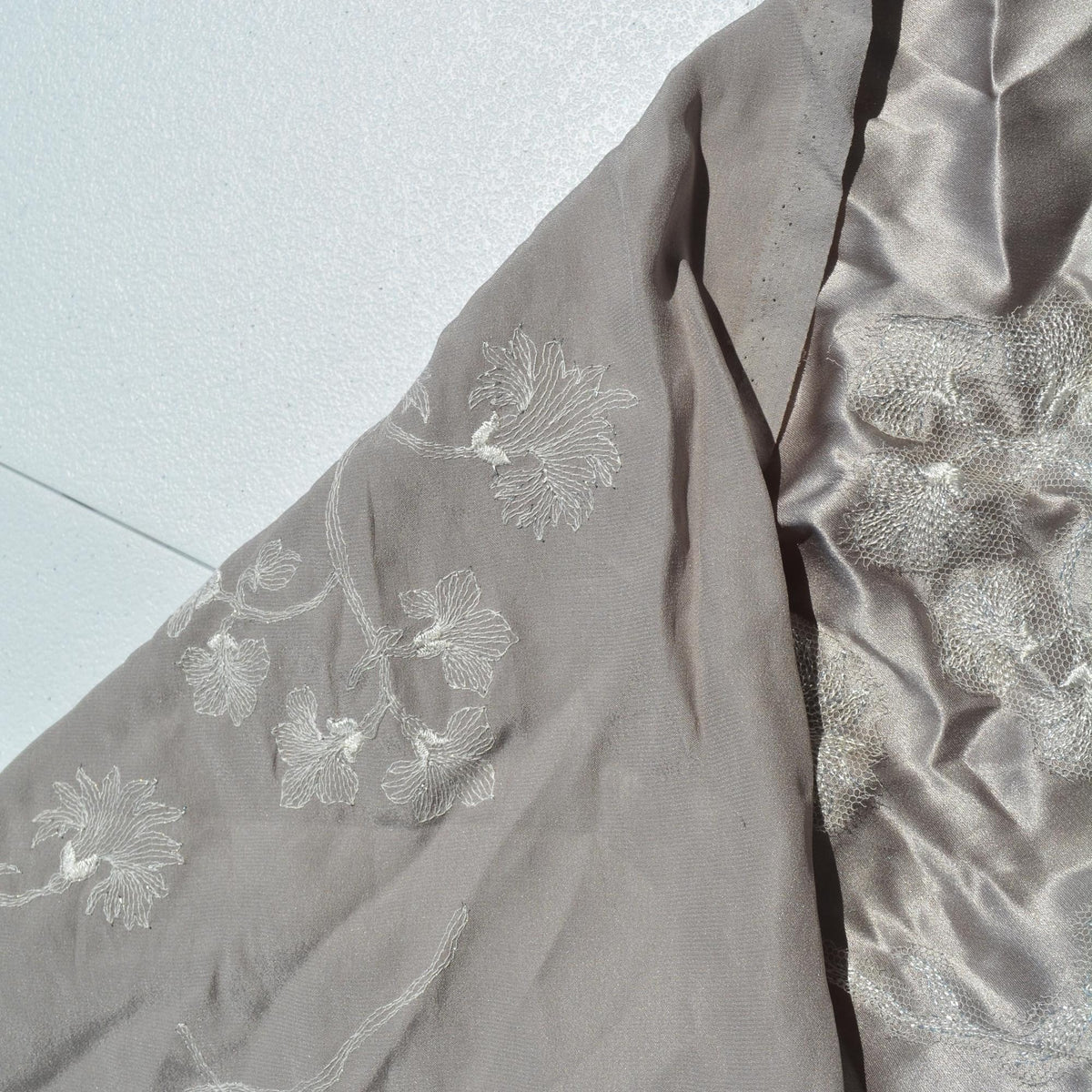Pure Silk Charmeuse Embroidered Fabric | Gray Made in Italy Designer Deadstock | Dresses, Skirts, Couture | By the Yard