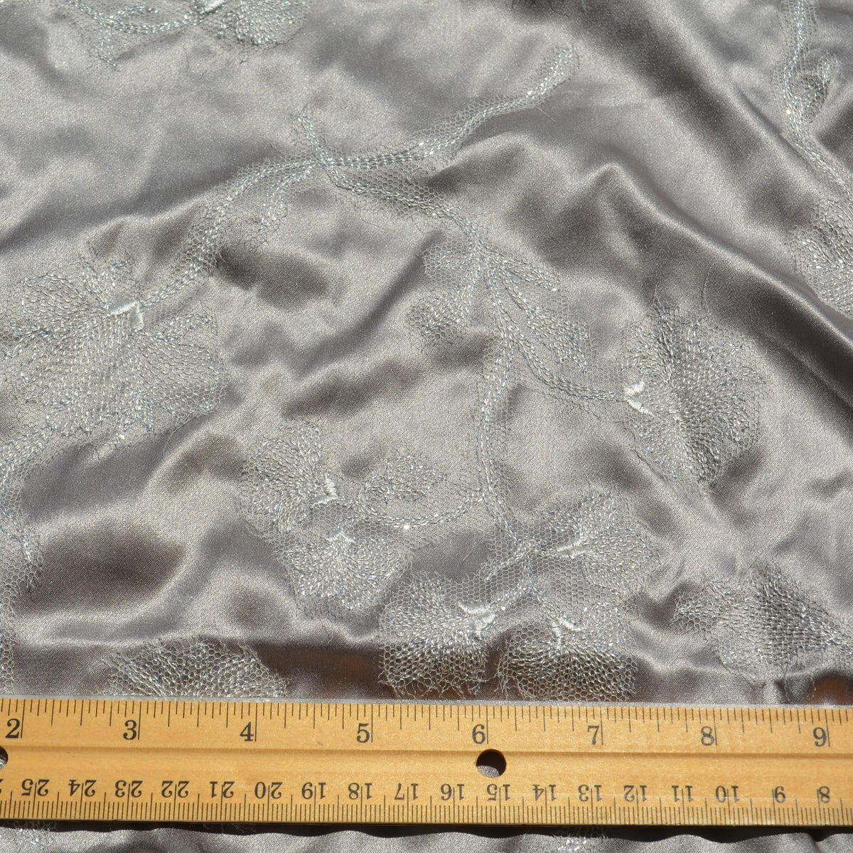 Pure Silk Charmeuse Embroidered Fabric | Gray Made in Italy Designer Deadstock | Dresses, Skirts, Couture | By the Yard