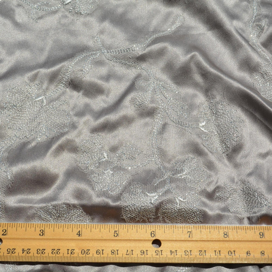 Pure Silk Charmeuse Embroidered Fabric | Gray Made in Italy Designer Deadstock | Dresses, Skirts, Couture | By the Yard