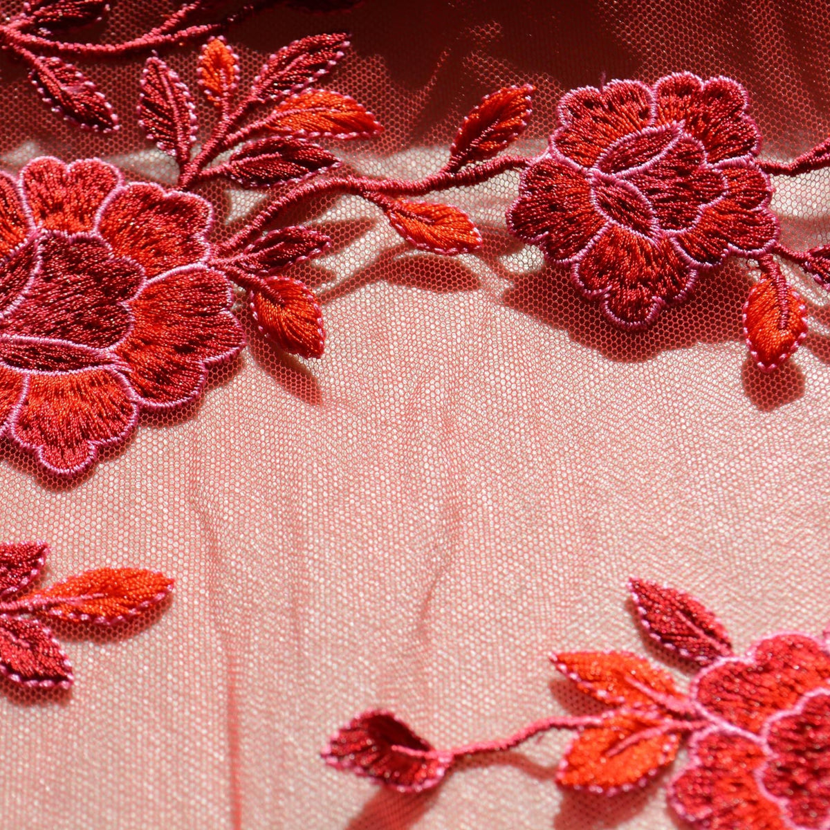 Red net, floral embroidered Embroidered Net Fabric | Designer Deadstock Yardage |By the Yard