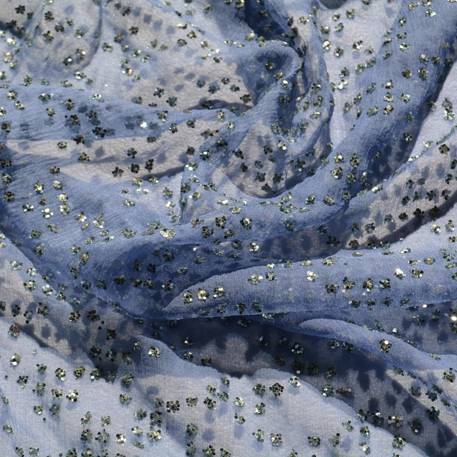 Sequin Crinkle Chiffon Fabric | Light blue with silver sequins | 100% Silk |By the Yard