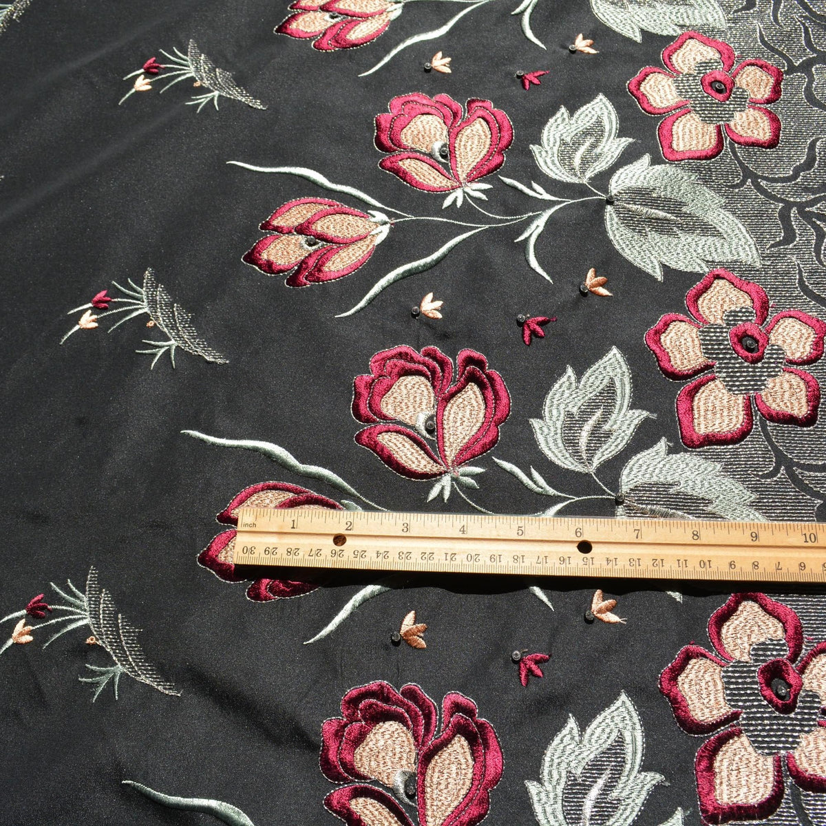 Embroidered Silk Taffeta Fabric | Black | Luxury Designer Textile | By the Yard