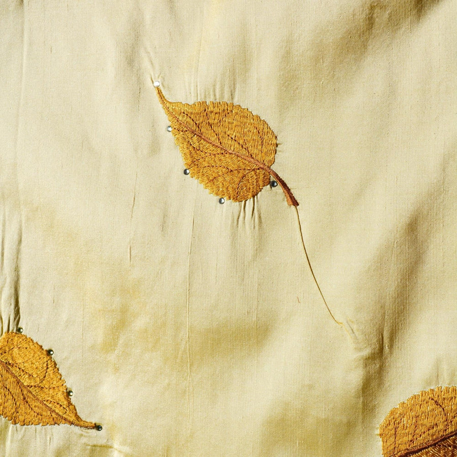 100% Silk Embroidered Dupioni Gold and white Two-tone leaves 55" Wide Luxury Fabric Sewing | By the Yard