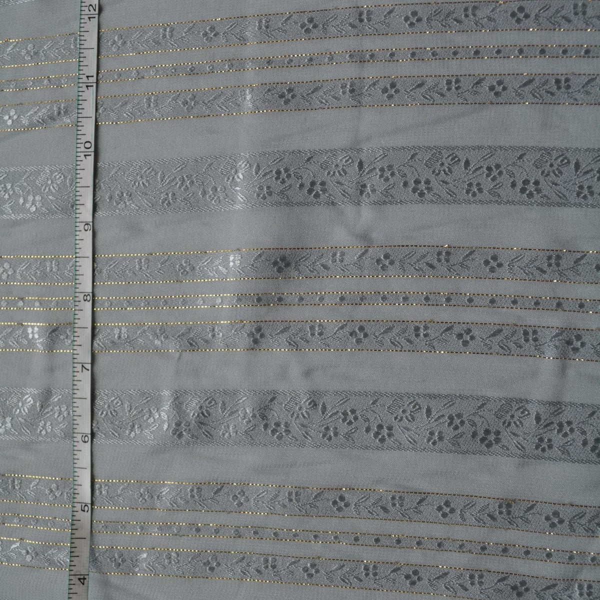 Sheer Gray Silk Fabric with Gold Threads Floral Design | By the Yard