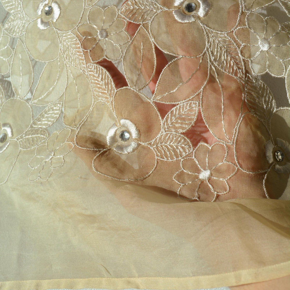 European Designer Silk Organza Cutwork Embroidery Beige Sheer Fabric | By the Yard