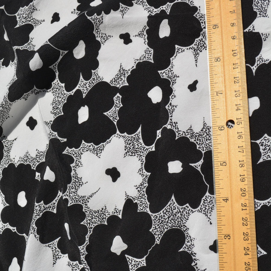 Pure Silk Pebble Crepe Fabric | Black & White Floral Lightweight Designer Deadstock | Dresses, Blouses, Skirts | By the Yard