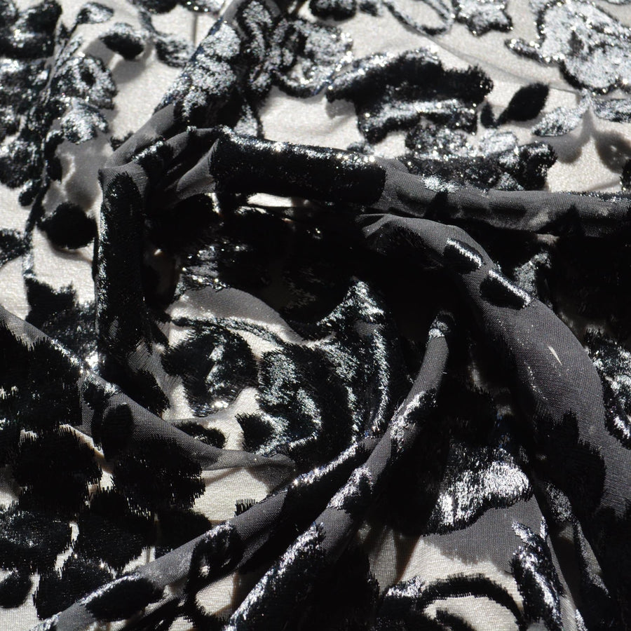 Black Burnout Velvet Fabric | Designer Deadstock Yardage |By the Yard