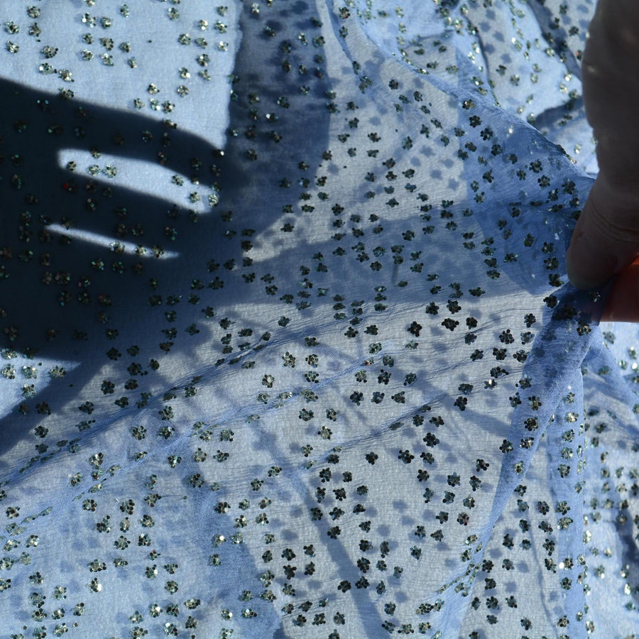 Sequin Crinkle Chiffon Fabric | Light blue with silver sequins | 100% Silk |By the Yard