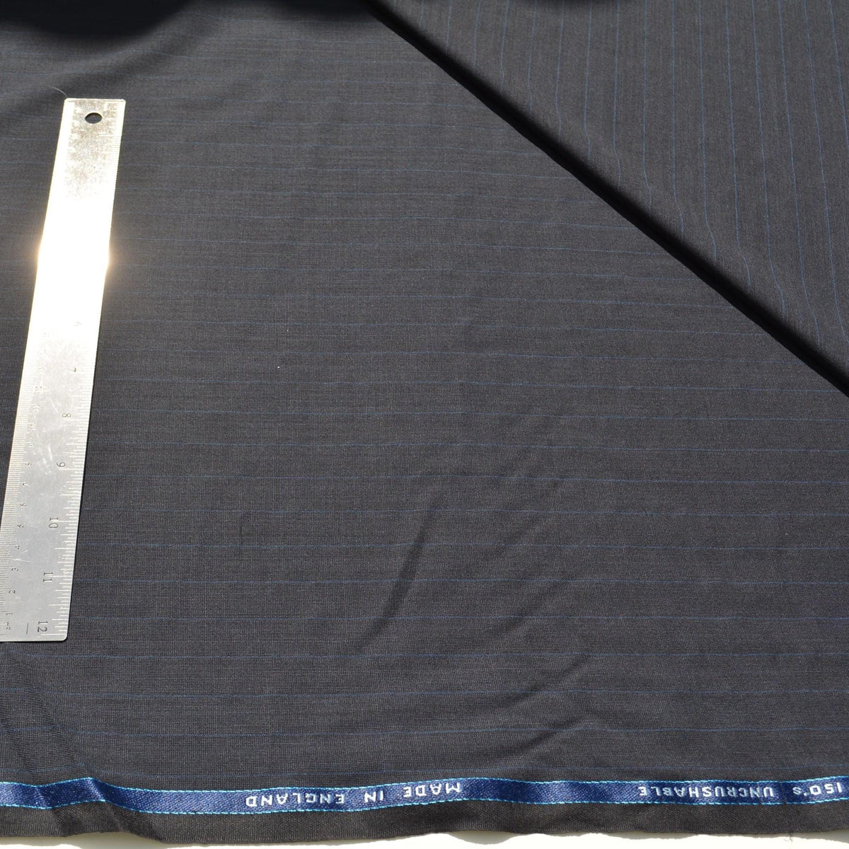 British Super 150s Wool Suiting | Gray with Blue Stripes | Made in England Classic Tailoring Fabric | By the Yard