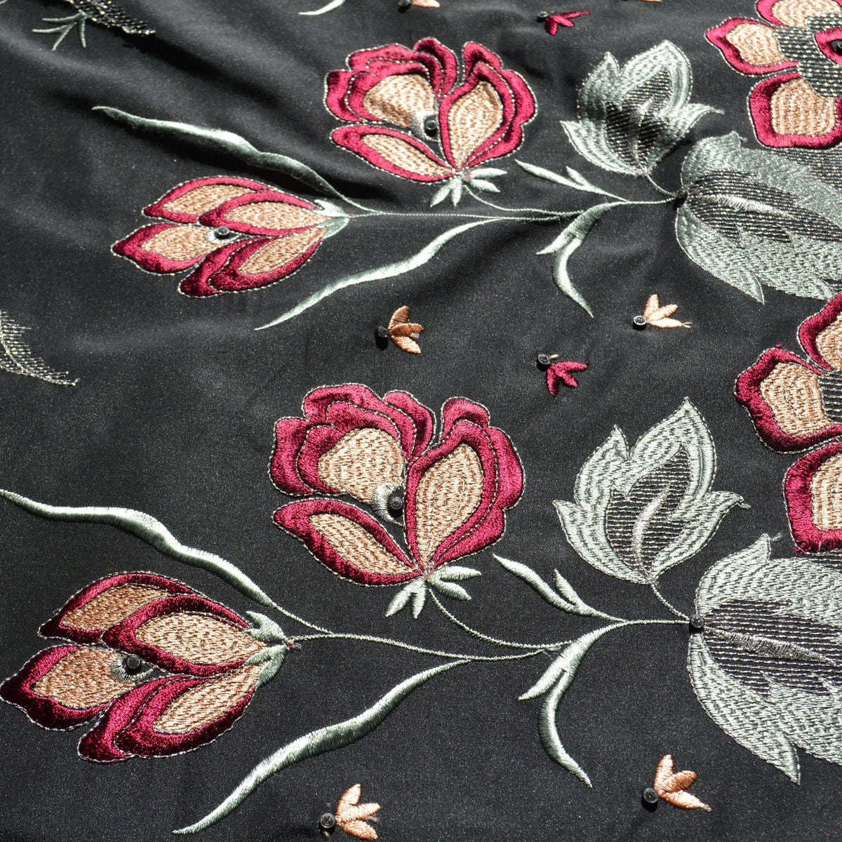 Embroidered Silk Taffeta Fabric | Black | Luxury Designer Textile | By the Yard