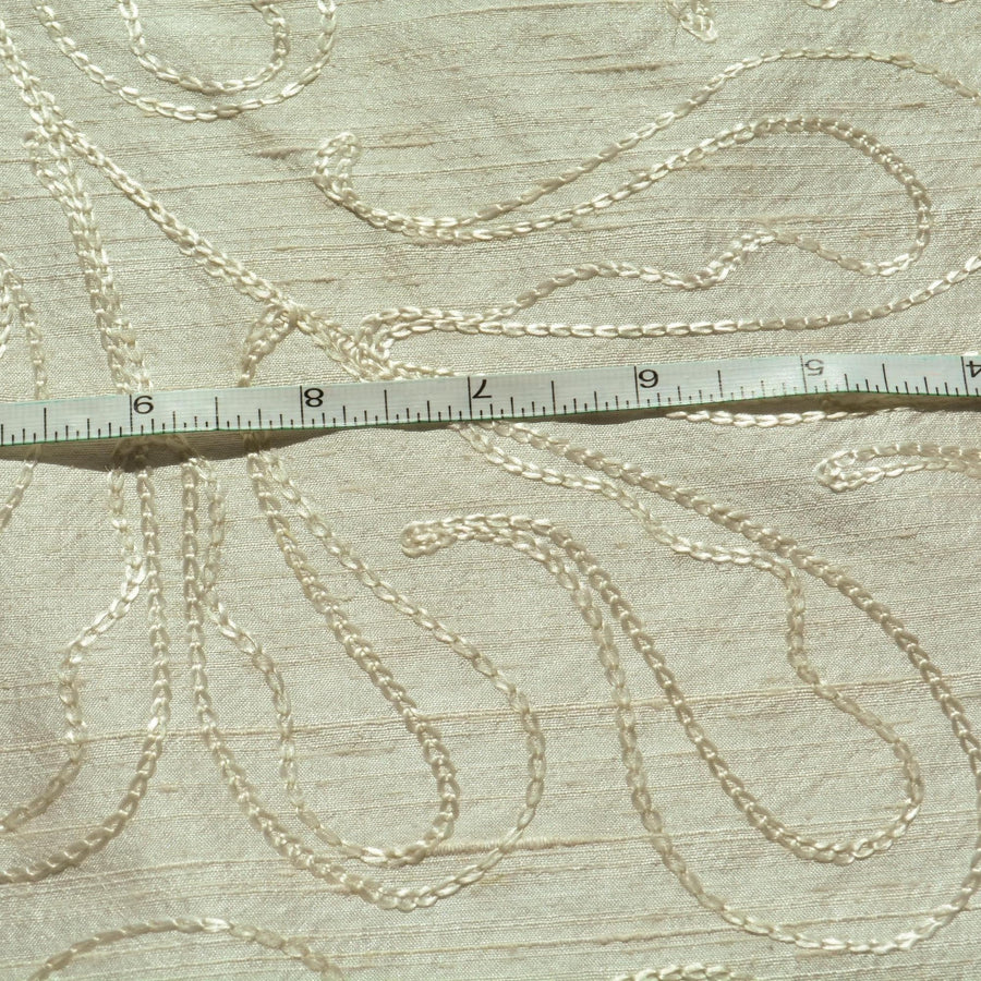 Silk Dupioni Fabric White Embroidered Shiny Squiggle Lines 43 Inch Usable | By the Yard