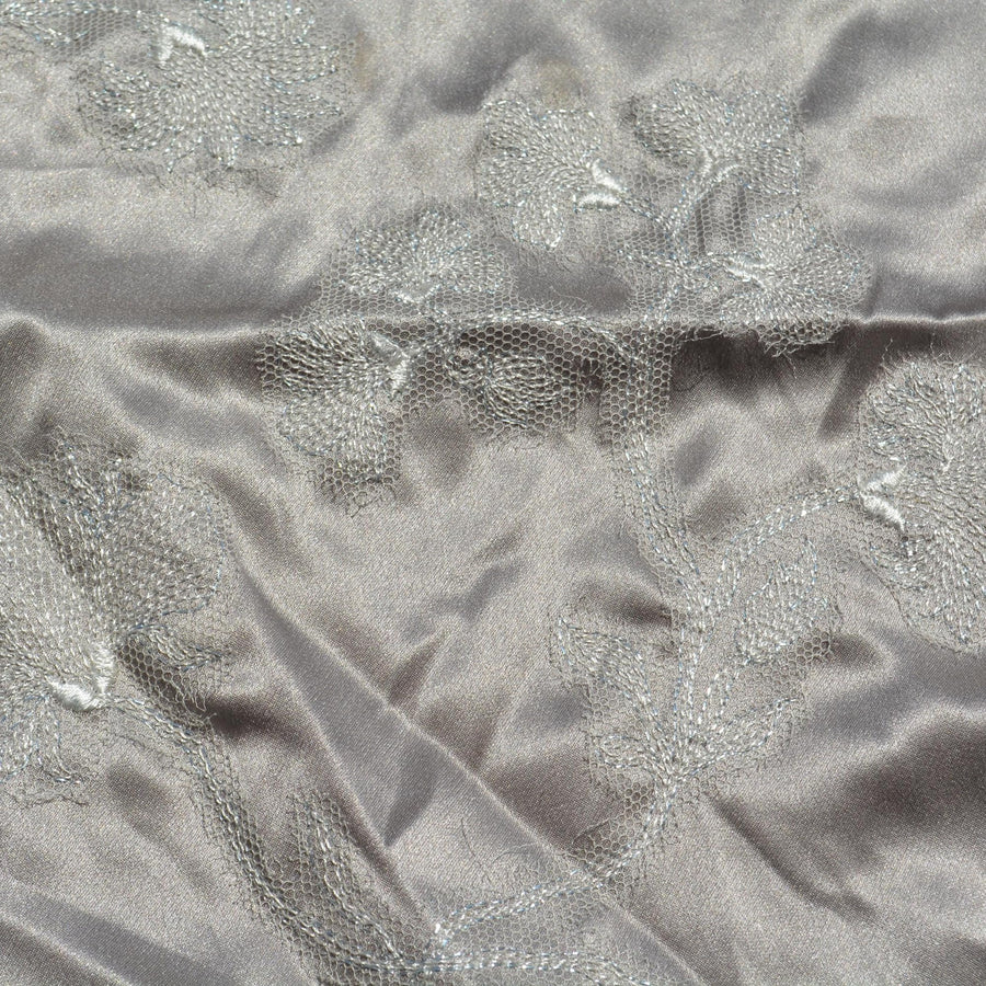 Pure Silk Charmeuse Embroidered Fabric | Gray Made in Italy Designer Deadstock | Dresses, Skirts, Couture | By the Yard