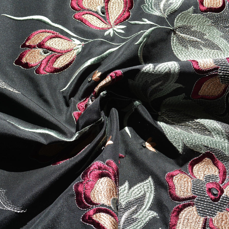 Embroidered Silk Taffeta Fabric | Black | Luxury Designer Textile | By the Yard