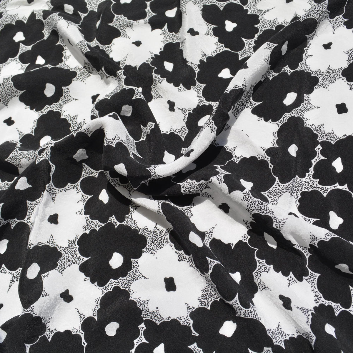 Pure Silk Pebble Crepe Fabric | Black & White Floral Lightweight Designer Deadstock | Dresses, Blouses, Skirts | By the 