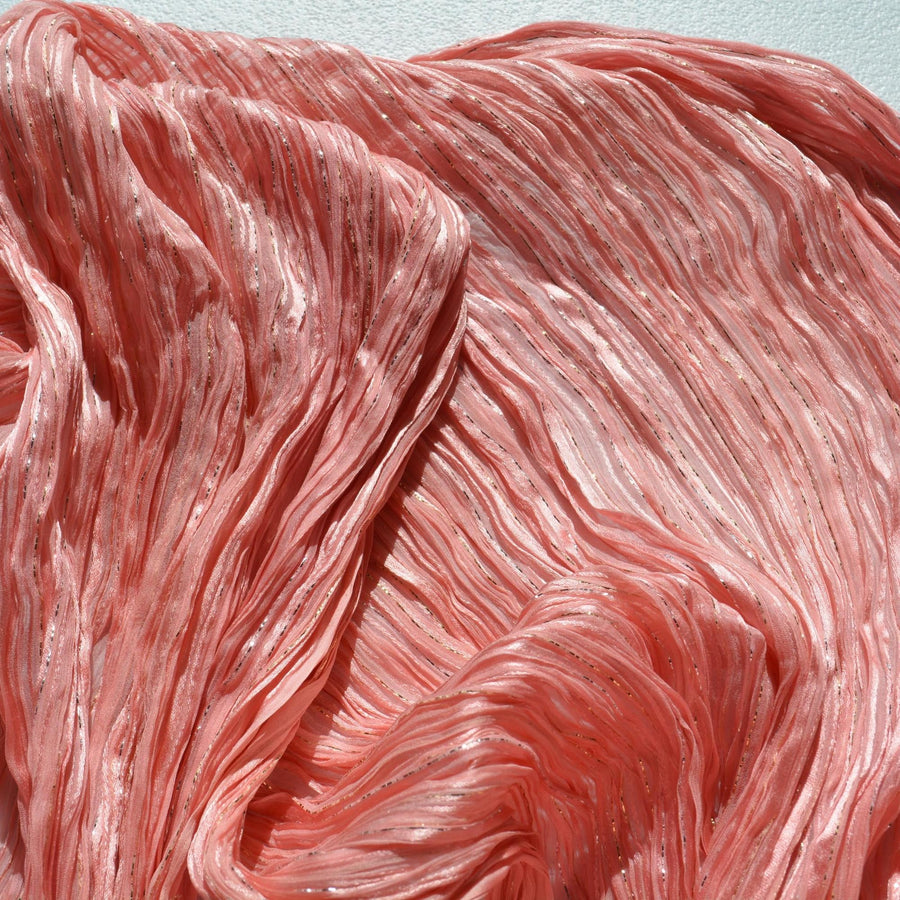 Pleated Shibori Silk Crinkle Chiffon Fabric Pink / metallic gold Metallic Luxury Fabric | By the Yard