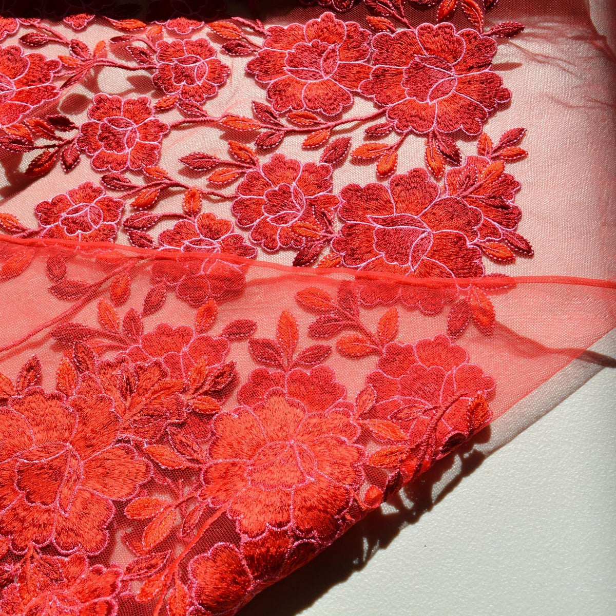 Red net, floral embroidered Embroidered Net Fabric | Designer Deadstock Yardage |By the Yard
