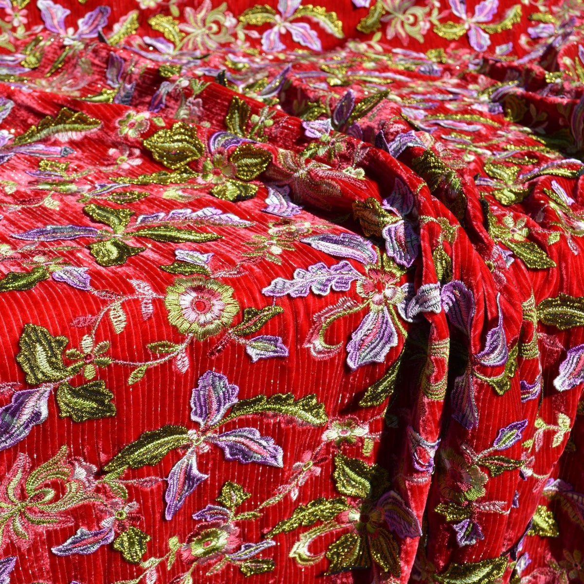 Red Embroidered Cotton Velvet Fabric | 100% Cotton | Heavyweight Luxury Sewing Fabric By the Yard
