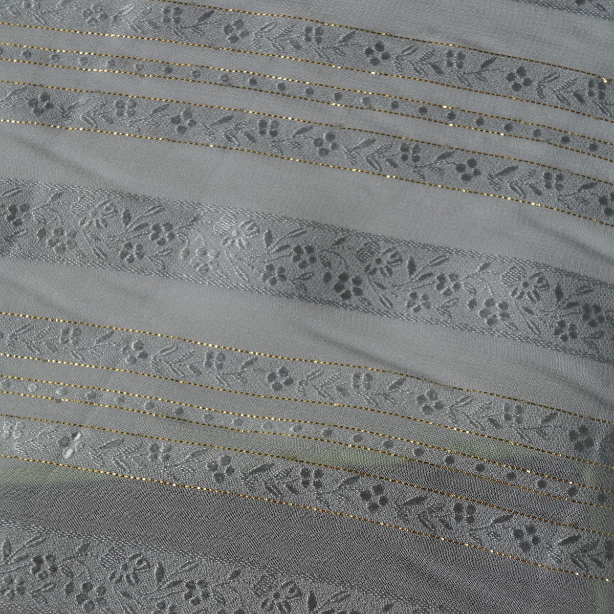 Sheer Gray Silk Fabric with Gold Threads Floral Design | By the Yard