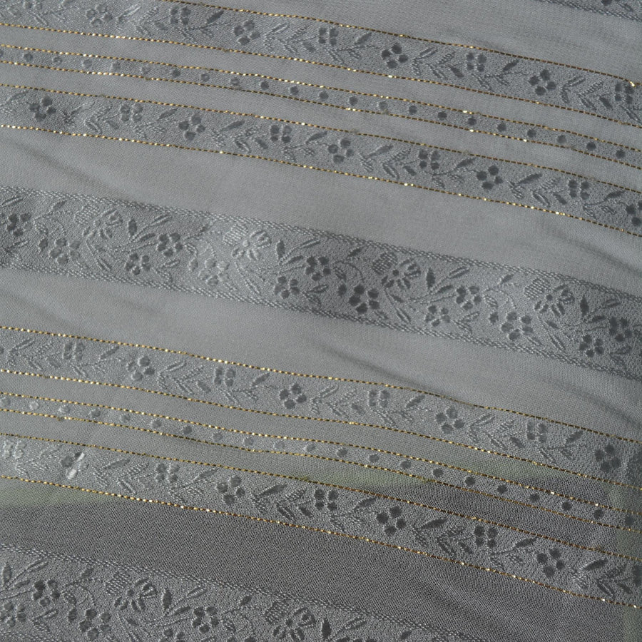 Sheer Gray Silk Fabric with Gold Threads Floral Design | By the Yard