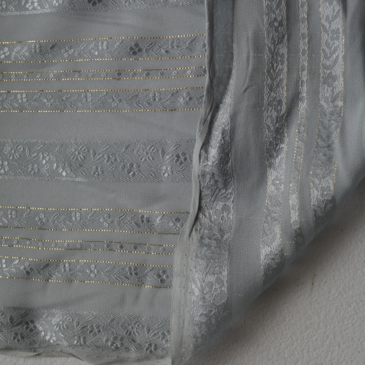 Sheer Gray Silk Fabric with Gold Threads Floral Design | By the Yard