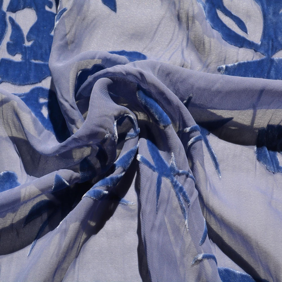 Burnout Velvet Chiffon Blue floral 45" Wide Luxury Fabric Sewing | By the Yard