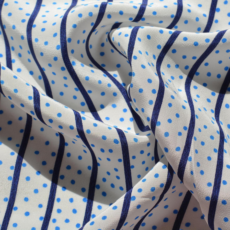 100% Silk Crepe de Chine Print White and navy Striped with dots 57" Wide Luxury Fabric Sewing | By the Yard