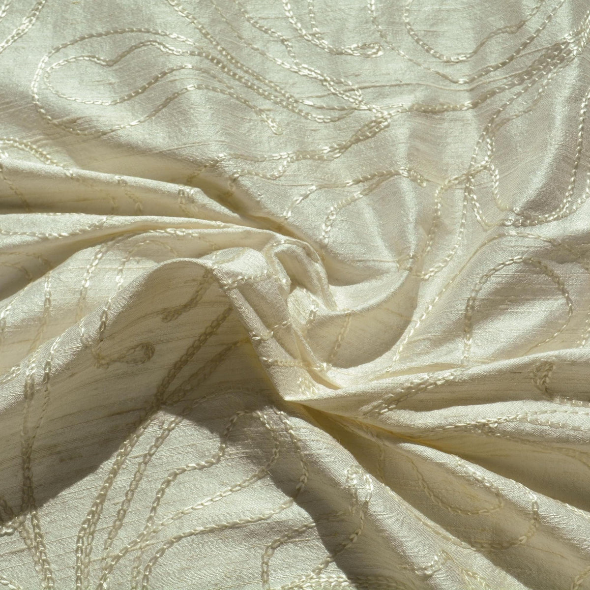 Silk Dupioni Fabric White Embroidered Shiny Squiggle Lines 43 Inch Usable | By the Yard