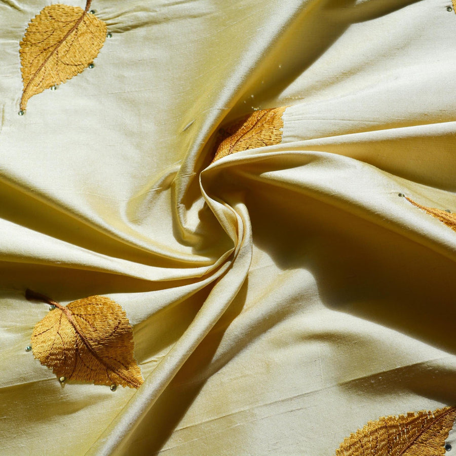 100% Silk Embroidered Dupioni Gold and white Two-tone leaves 55" Wide Luxury Fabric Sewing | By the Yard