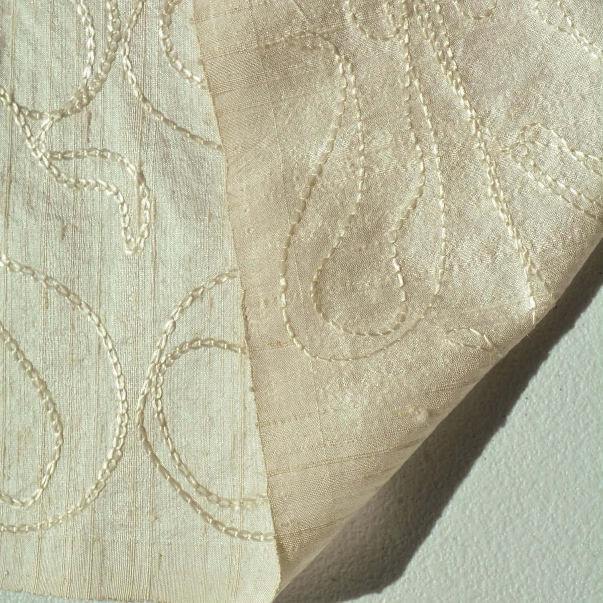 Silk Dupioni Fabric White Embroidered Shiny Squiggle Lines 43 Inch Usable | By the Yard