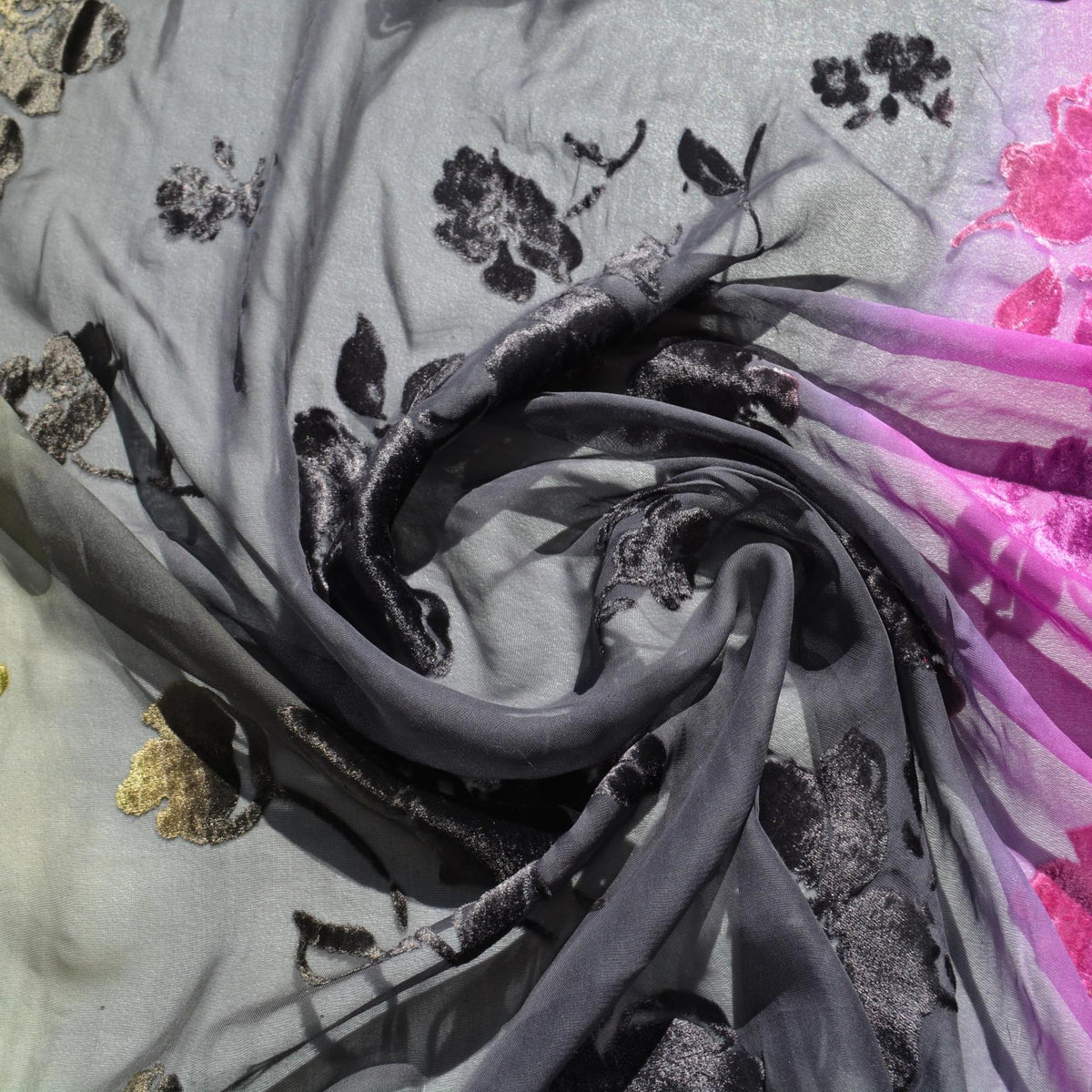 Burnout Chiffon Fabric | Purple, black, and green | Polyester |By the Yard