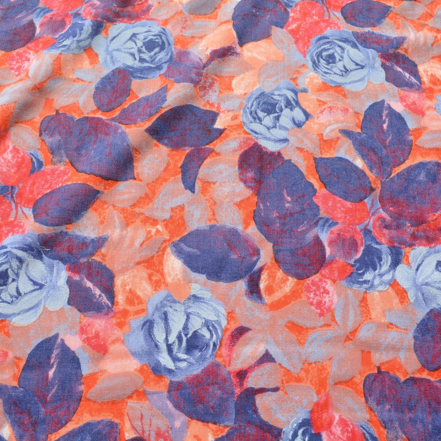 100% Linen Fabric Floral Floral orange and blue 53" Wide Dressmaking Tailoring | By the Yard