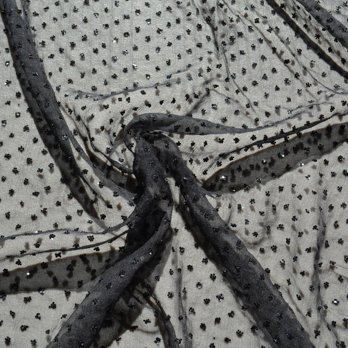 Black crinkle chiffon | Sequined 100% Silk Sequined Crinkle Chiffon Fabric | Designer Deadstock Yardage |By the Yard