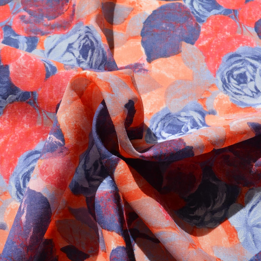 100% Linen Fabric Floral Floral orange and blue 53" Wide Dressmaking Tailoring | By the Yard