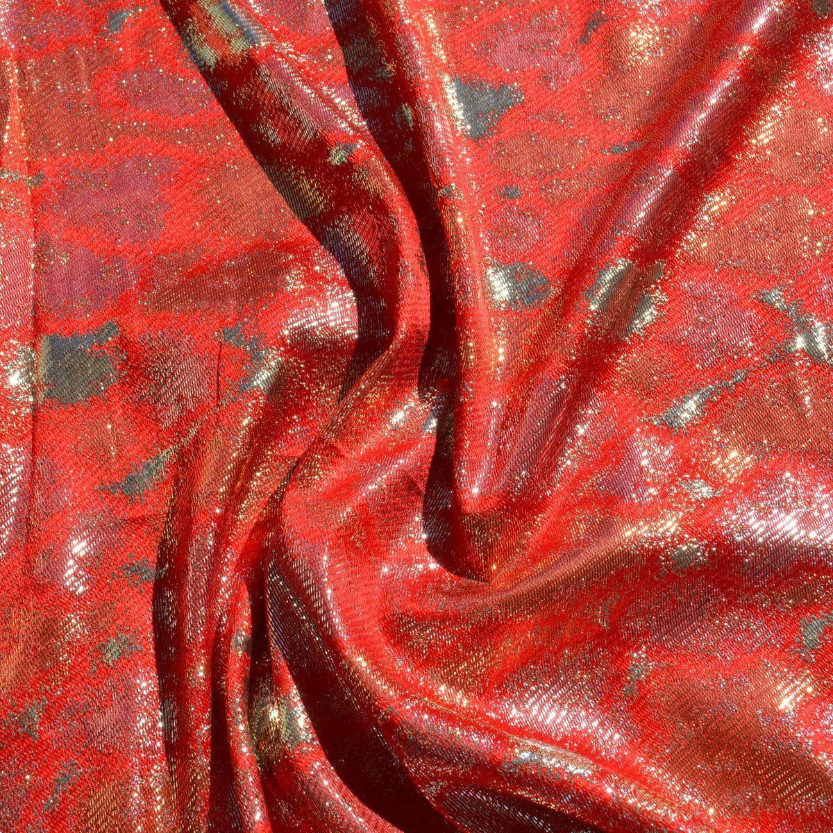 Charmeuse Fabric | Red, gold, and silver | 100% Silk |By the Yard