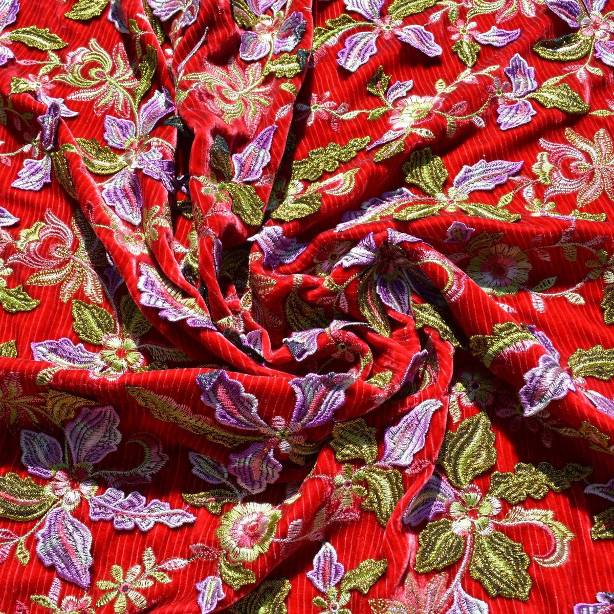 Red Embroidered Cotton Velvet Fabric | 100% Cotton | Heavyweight Luxury Sewing Fabric By the Yard