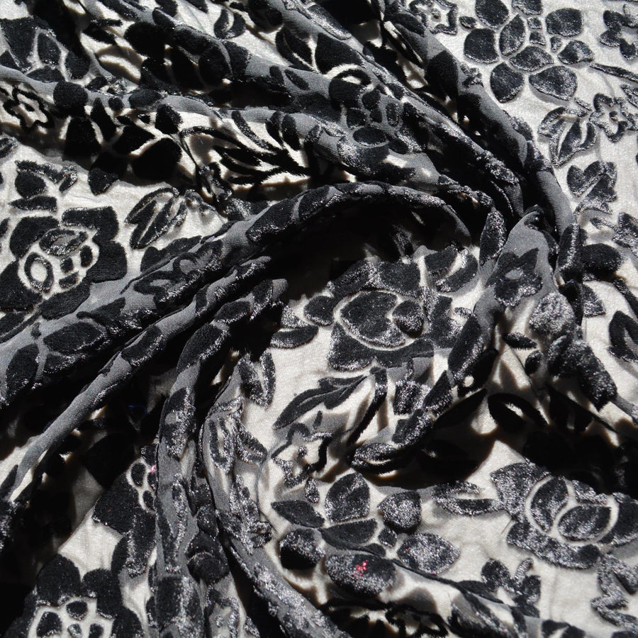 Black Burnout Velvet Fabric | Designer Deadstock Yardage |By the Yard