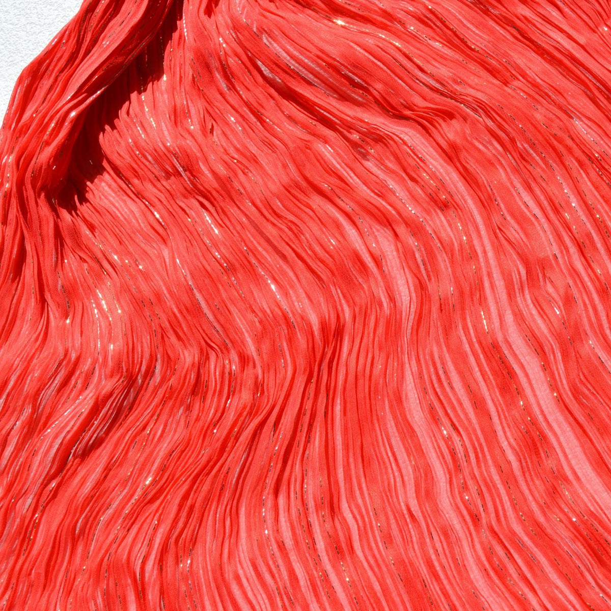 Pleated Shibori Silk Crinkle Chiffon Fabric Red / gold metallic Metallic Luxury Fabric | By the Yard