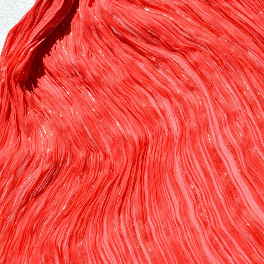 Pleated Shibori Silk Crinkle Chiffon Fabric Red / gold metallic Metallic Luxury Fabric | By the Yard