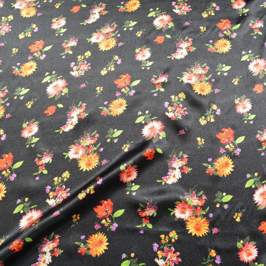 Italian 100% Silk Charmeuse Floral Print Fabric | Black floral |By the Yard